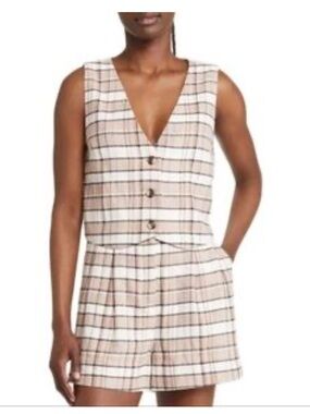 Treasure & Bond Beige Plaid V-Neck Button Vest Women’s Medium